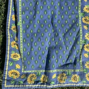 Vintage French Provencal Sunflower Bordered Table Runner W Geometric Blue 14x 64